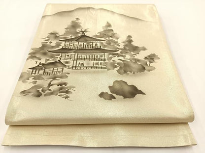 平和屋着物◎太鼓柄袋帯　手描き　風景文　引箔　正絹　逸品　BAAV7203yc