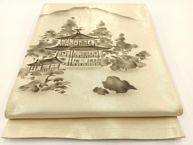 平和屋着物◎太鼓柄袋帯　手描き　風景文　引箔　正絹　逸品　BAAV7203yc