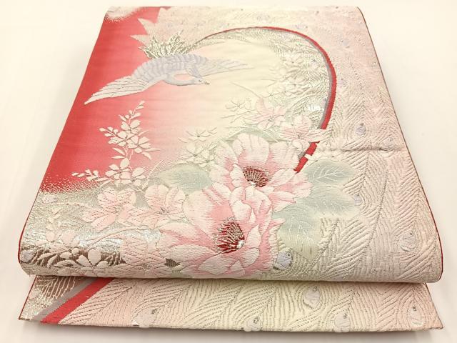 平和屋着物◎六通柄袋帯　唐織　孔雀花文　銀糸　正絹　逸品　BAAV7207yc
