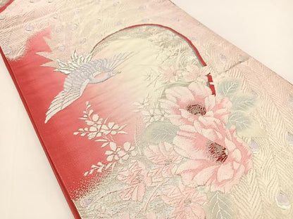平和屋着物◎六通柄袋帯　唐織　孔雀花文　銀糸　正絹　逸品　BAAV7207yc