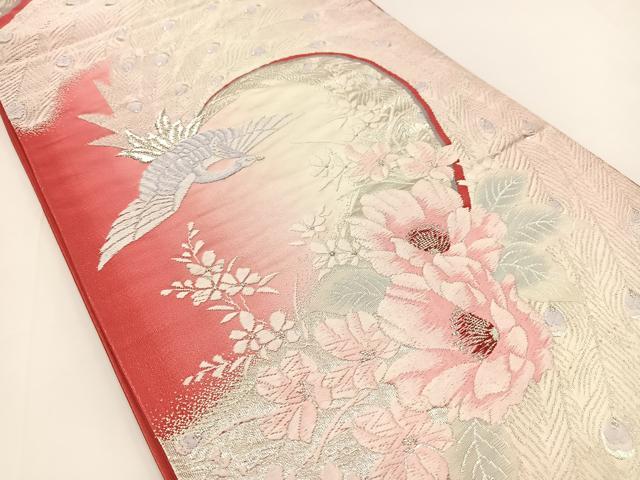 平和屋着物◎六通柄袋帯　唐織　孔雀花文　銀糸　正絹　逸品　BAAV7207yc