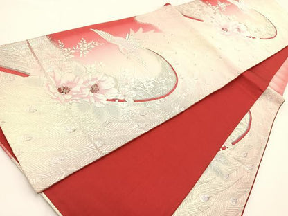 平和屋着物◎六通柄袋帯　唐織　孔雀花文　銀糸　正絹　逸品　BAAV7207yc