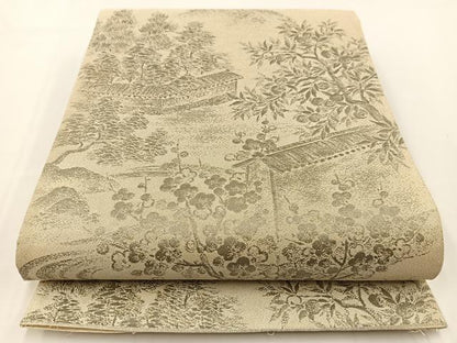 平和屋着物◎六通柄袋帯　明綴　プラチナ箔　風景草花文　正絹　逸品　BAAV7209yc