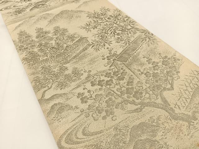 平和屋着物◎六通柄袋帯　明綴　プラチナ箔　風景草花文　正絹　逸品　BAAV7209yc