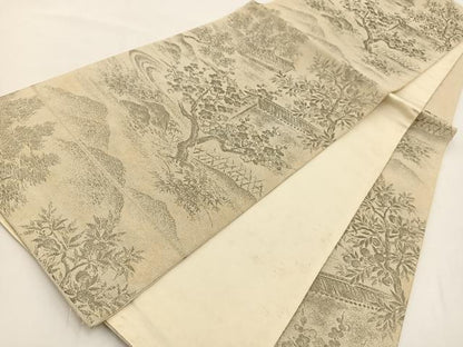 平和屋着物◎六通柄袋帯　明綴　プラチナ箔　風景草花文　正絹　逸品　BAAV7209yc