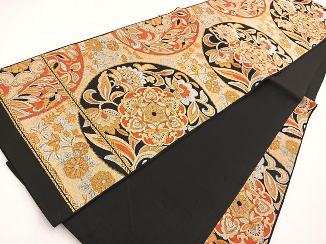 平和屋着物◎六通柄袋帯　更紗花丸文　黒地　金銀糸　BAAV7215yc