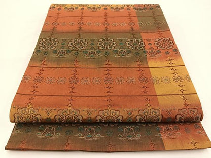 平和屋着物◎全通柄袋帯　ふくれ織　横段花文　銀糸　三越扱い　正絹　逸品　BAAV7221yc