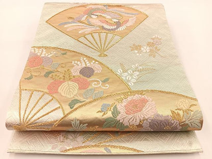 平和屋着物◎六通柄袋帯　唐織　鳳凰扇面花文　金銀糸　正絹　逸品　BAAV7235yc