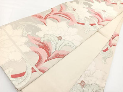 平和屋着物◎六通柄袋帯 唐織 更紗花文 銀糸 正絹 逸品 BAAV7237yc