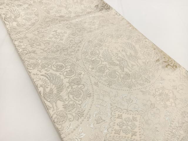 平和屋着物◎六通柄袋帯　向かい鳥更紗花文　銀糸　正絹　逸品　BAAV7240yc