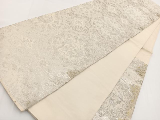 平和屋着物◎六通柄袋帯　向かい鳥更紗花文　銀糸　正絹　逸品　BAAV7240yc