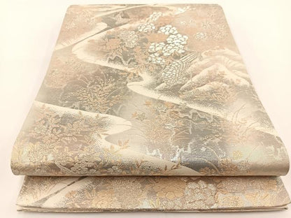 平和屋着物◎六通柄袋帯 二重引箔袋帯 京洛錦 流水花鳥文 金銀糸 正絹 逸品 BAAV7251yc