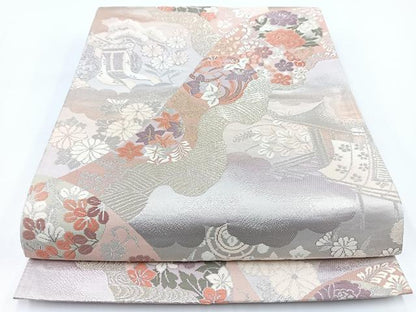 平和屋着物◎六通柄袋帯　唐織　流水風景花文　金銀糸　正絹　逸品　BAAV7256yc