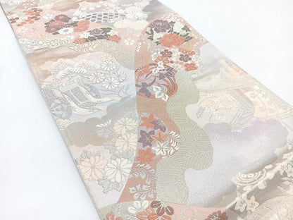 平和屋着物◎六通柄袋帯　唐織　流水風景花文　金銀糸　正絹　逸品　BAAV7256yc
