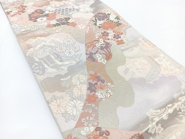 平和屋着物◎六通柄袋帯　唐織　流水風景花文　金銀糸　正絹　逸品　BAAV7256yc