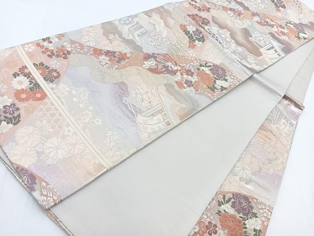 平和屋着物◎六通柄袋帯　唐織　流水風景花文　金銀糸　正絹　逸品　BAAV7256yc