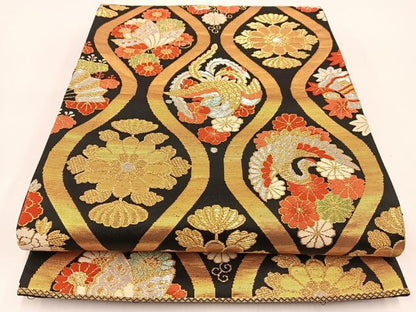 平和屋着物◎六通柄袋帯　吉祥動物花文　黒地　金銀糸　正絹　逸品　BAAV7265yc