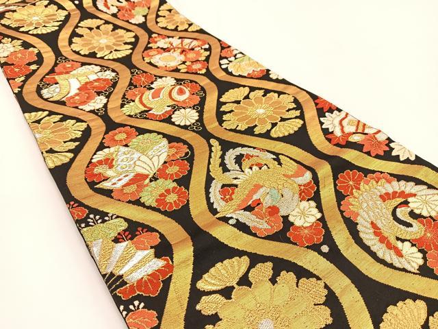 平和屋着物◎六通柄袋帯　吉祥動物花文　黒地　金銀糸　正絹　逸品　BAAV7265yc