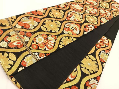 平和屋着物◎六通柄袋帯　吉祥動物花文　黒地　金銀糸　正絹　逸品　BAAV7265yc