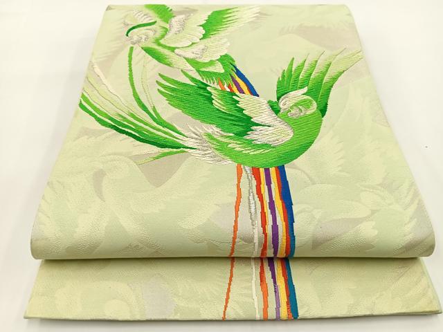 平和屋着物◎六通柄袋帯 唐織 尾長鳥 銀糸 正絹 逸品 BAAV7273yc