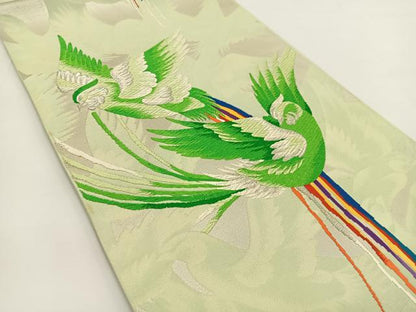 平和屋着物◎六通柄袋帯 唐織 尾長鳥 銀糸 正絹 逸品 BAAV7273yc