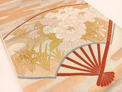 平和屋着物◎六通柄袋帯　唐織　扇面に花車　金銀糸　正絹　逸品　BAAV7285yc