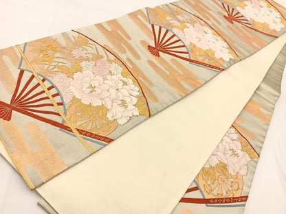 平和屋着物◎六通柄袋帯　唐織　扇面に花車　金銀糸　正絹　逸品　BAAV7285yc