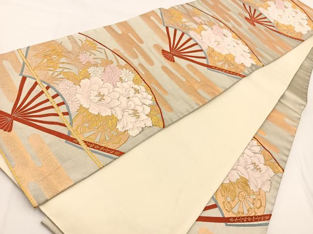 平和屋着物◎六通柄袋帯　唐織　扇面に花車　金銀糸　正絹　逸品　BAAV7285yc