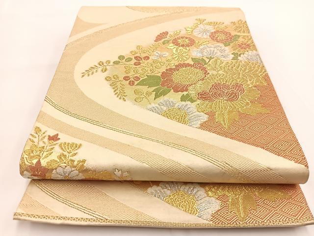 平和屋着物◎六通柄袋帯 唐織 秋草文 金銀糸 正絹 逸品 BAAV7305yc