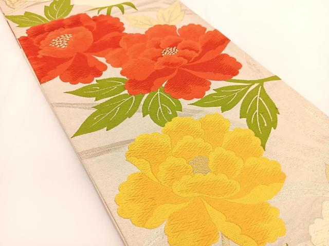 平和屋着物◎六通柄袋帯　唐織　牡丹　金銀糸　正絹　逸品　BAAV7314yc