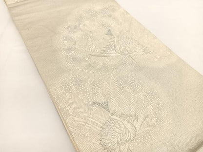 平和屋着物◎六通柄袋帯　唐織　孔雀風景文　銀糸　正絹　逸品　BAAV7319yc