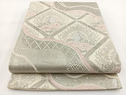 平和屋着物◎西陣　六通柄袋帯　唐織　プラチナ箔　格天井孔雀花文　正絹　逸品　BAAV7320yc