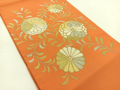 平和屋着物●爪掻き本綴れ　八寸名古屋帯　菊花文　朱色　金銀糸　正絹　逸品　BAAV7325yc