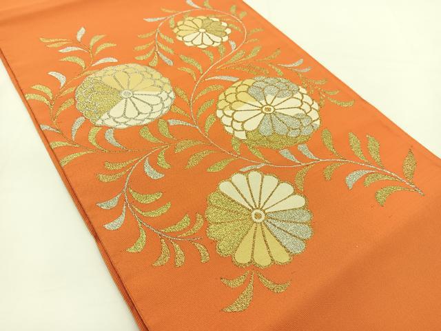 平和屋着物●爪掻き本綴れ　八寸名古屋帯　菊花文　朱色　金銀糸　正絹　逸品　BAAV7325yc