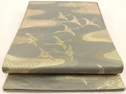 平和屋着物◎六通柄袋帯　飛鶴エ霞文　金糸　正絹　逸品　BAAV7344yc