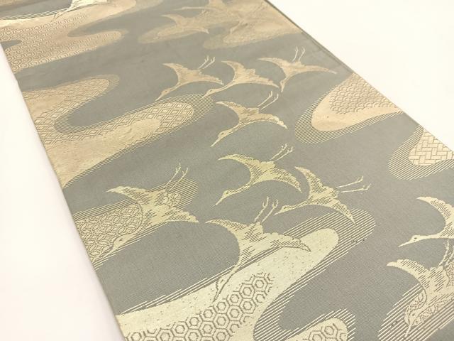 平和屋着物◎六通柄袋帯　飛鶴エ霞文　金糸　正絹　逸品　BAAV7344yc