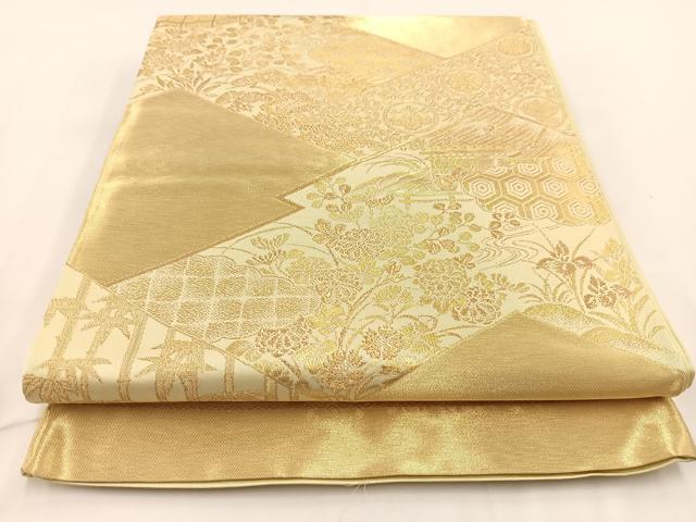 平和屋着物◎西陣　村山織物謹製　六通柄袋帯　松皮菱風景文　金糸　証紙付き　正絹　逸品　未使用　BAAV7347yc