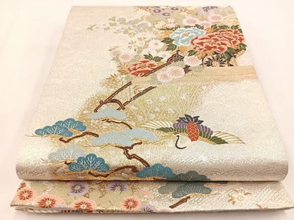 平和屋着物◎六通柄袋帯　唐織　飛鶴花車文　金銀糸　正絹　逸品　BAAV7350yc