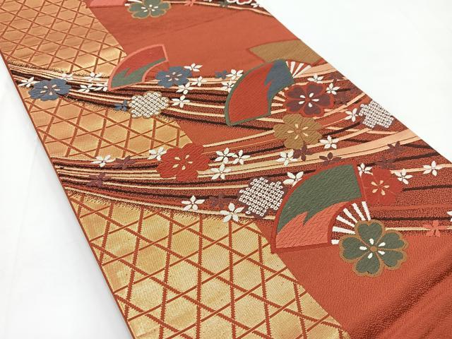 平和屋着物◎六通柄袋帯　唐織　扇面花文　金糸　正絹　逸品　BAAV7365yc