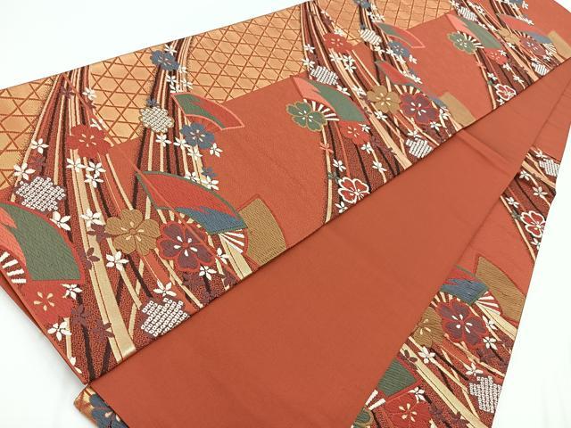 平和屋着物◎六通柄袋帯　唐織　扇面花文　金糸　正絹　逸品　BAAV7365yc