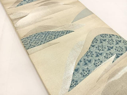 平和屋着物◎六通柄袋帯　唐織　向かい鳥重ね山文　銀糸　正絹　逸品　BAAV7366yc