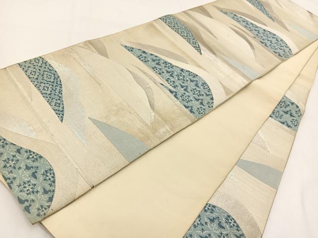 平和屋着物◎六通柄袋帯　唐織　向かい鳥重ね山文　銀糸　正絹　逸品　BAAV7366yc