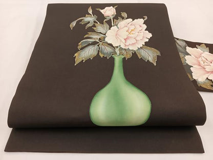 平和屋着物●塩瀬 九寸名古屋帯 手描き 陶器牡丹文 黒地 金彩 正絹 逸品 BAAV7372yc