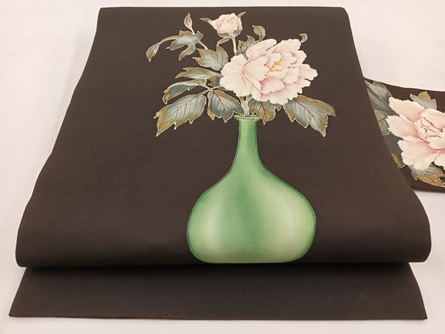 平和屋着物●塩瀬 九寸名古屋帯 手描き 陶器牡丹文 黒地 金彩 正絹 逸品 BAAV7372yc