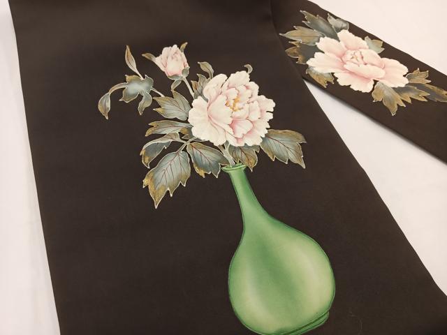 平和屋着物●塩瀬 九寸名古屋帯 手描き 陶器牡丹文 黒地 金彩 正絹 逸品 BAAV7372yc