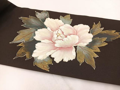 平和屋着物●塩瀬 九寸名古屋帯 手描き 陶器牡丹文 黒地 金彩 正絹 逸品 BAAV7372yc