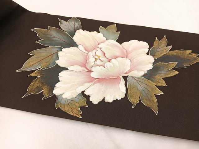 平和屋着物●塩瀬 九寸名古屋帯 手描き 陶器牡丹文 黒地 金彩 正絹 逸品 BAAV7372yc