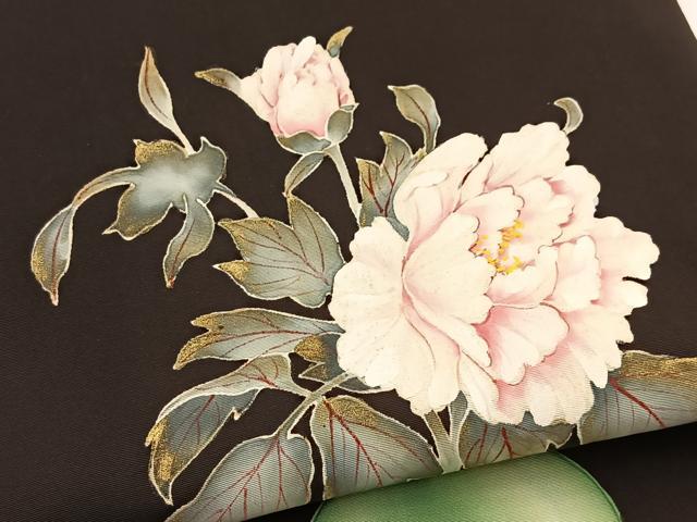 平和屋着物●塩瀬 九寸名古屋帯 手描き 陶器牡丹文 黒地 金彩 正絹 逸品 BAAV7372yc