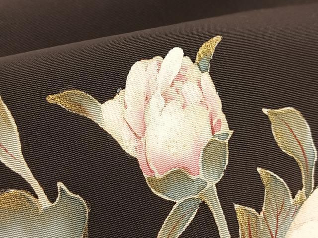 平和屋着物●塩瀬 九寸名古屋帯 手描き 陶器牡丹文 黒地 金彩 正絹 逸品 BAAV7372yc