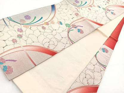 平和屋着物◎六通柄袋帯　花尽くし　銀糸　正絹　逸品　BAAV7384yc